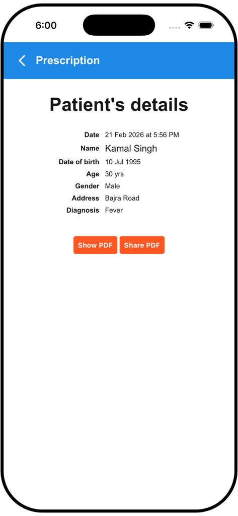 Digital Prescription Maker app displaying a patient information summary with options to show or share the prescription as a PDF.