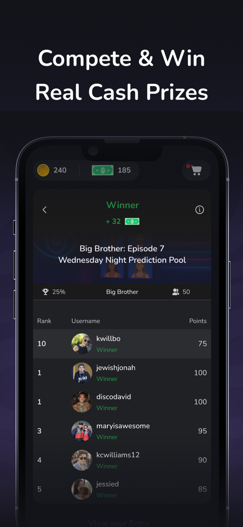Bracketology - Tabla de clasificación en la aplicación Bracketology que muestra las clasificaciones y puntos de los usuarios para un grupo de predicción de Big Brother