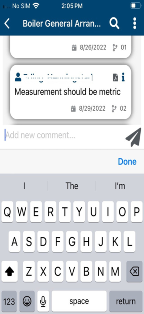 Proarc OnPrem 7.5 - Proarc OnPrem 7.5 mobile interface showing a technical document comment thread and keyboard for adding new feedback