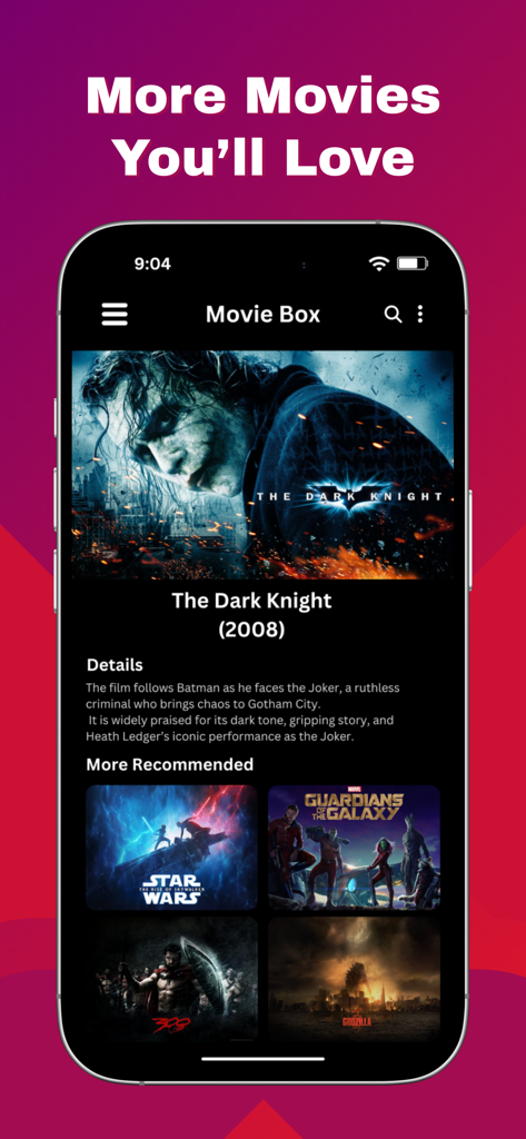 Movies Box 2026 - Interface do aplicativo Movies Box 2026 mostrando detalhes do filme The Dark Knight e uma lista de filmes recomendados