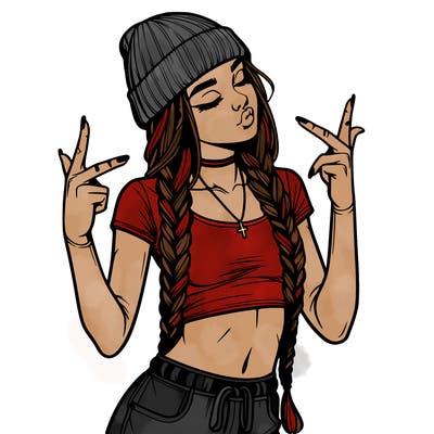 realistic teenage girl with braids and a beanie and crop top doing 🫶🏼