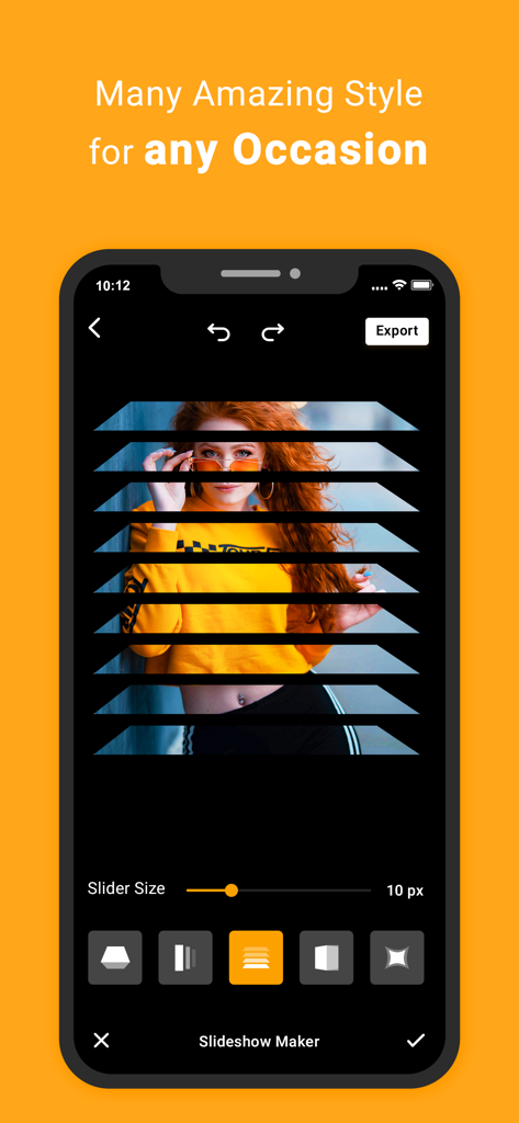 Video Editor & Maker -VidMaker - Una pantalla de teléfono inteligente que muestra la interfaz de la aplicación VidMaker con varios estilos y transiciones creativas de presentaciones de diapositivas para la edición de fotos