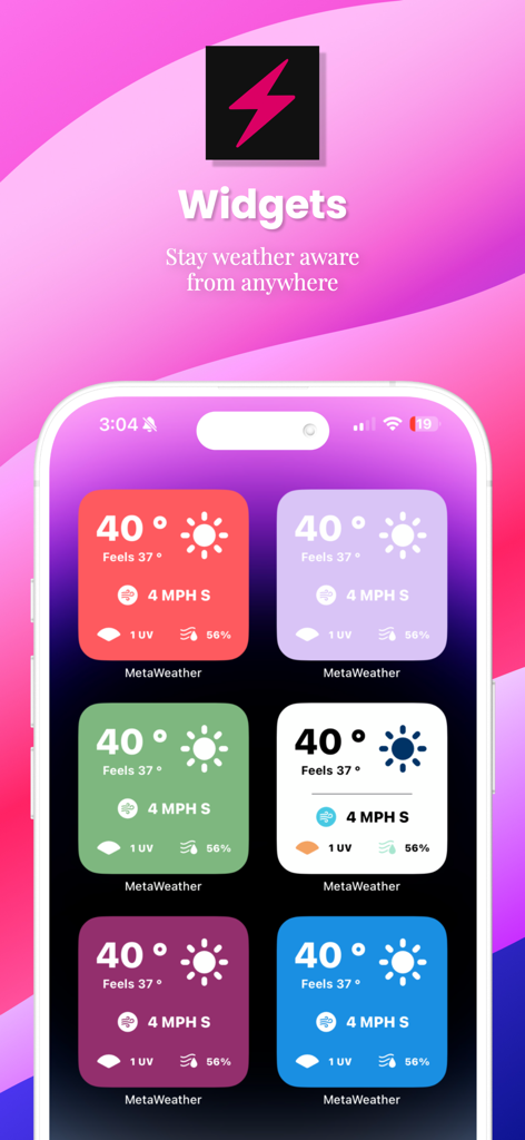 Showcase of customizable MetaWeather widgets in multiple colors on an iPhone screen