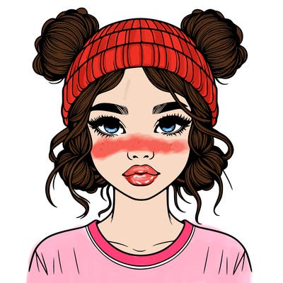 realistic girl with buns in her hair with a beanie on