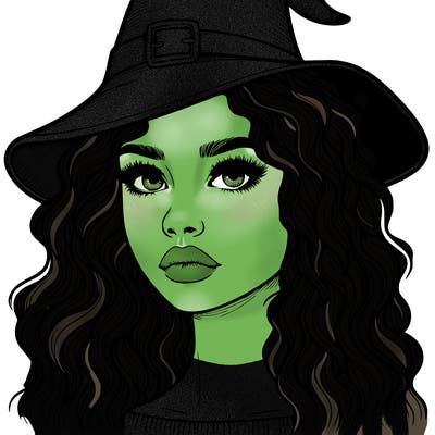 realistic girl with wavy hair a witch hat and a nose and lips and eyes
