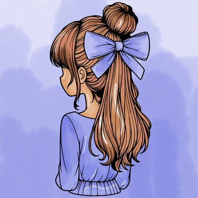 realistic girl  with hip length hair a bun and a big bow on the back of head
