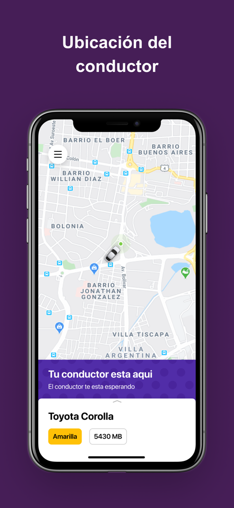 Ray App - Taxi Rápido y Seguro - Oberfläche der Ray App zeigt den Echtzeitstandort eines Taxifahrers auf einer Karte mit Fahrzeugdetails