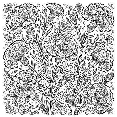 Immerse yourself in the beauty of nature with this intricate adult coloring page featuring elegant Dianthus Carnations. Designed to provide a relaxing and creatively satisfying experience, perfect for mindfulness.