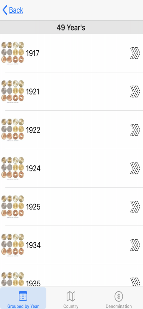 My Valuable Coin Collection - A list of collected coins organized by year in the My Valuable Coin Collection app