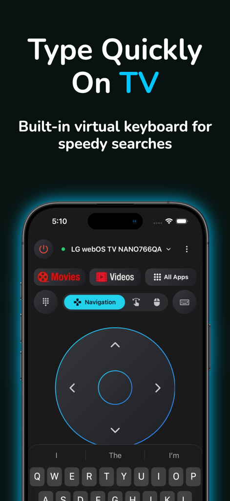 Any TV Remote Control app interface showing a virtual keyboard and D-pad for controlling a Smart TV.