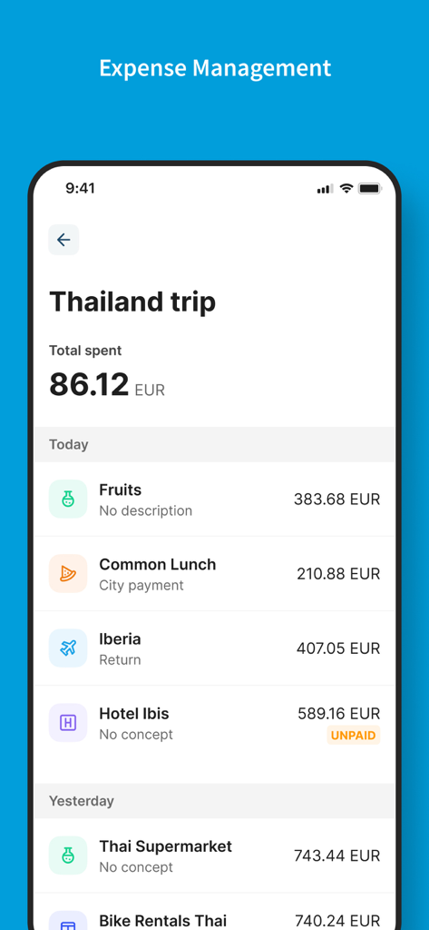 United Nations Debit Card - United Nations Debit Card app screen showing expense tracking and trip transaction history
