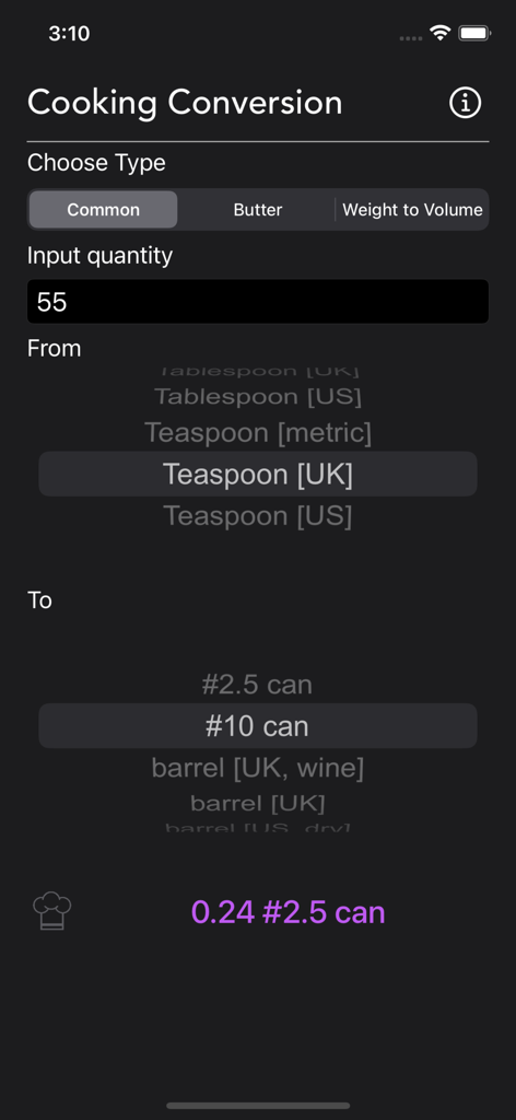 Interfaz de la aplicación Conversión de Cocina que muestra la selección de unidades de medida para cantidades de cocina