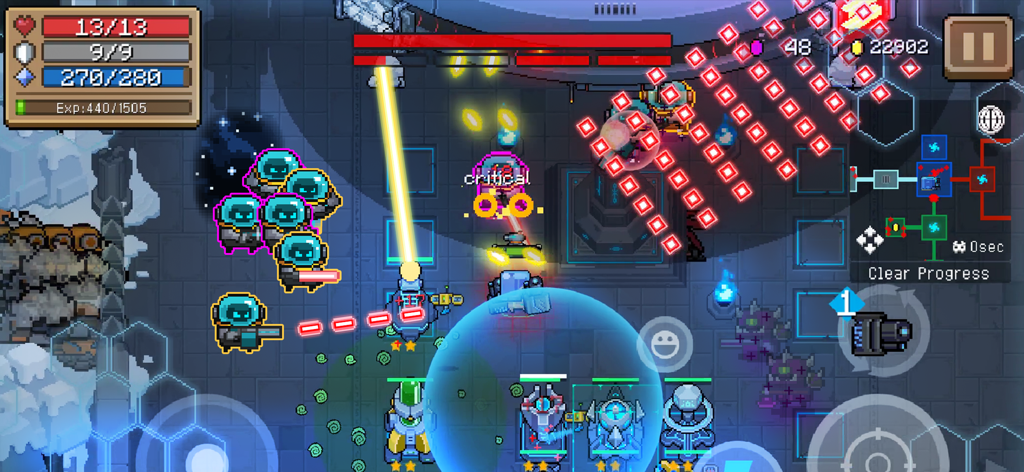 Soul Knight gameplay showing intense pixel art combat with heroes and laser beams in a dungeon