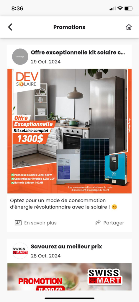 Capture d'écran de la section Promotions de l'application MonCongo affichant des offres d'entreprises locales, notamment une offre de kit solaire et des réductions dans les épiceries en RDC