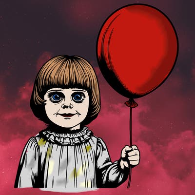 a realistic little girl holding a balloon creepy