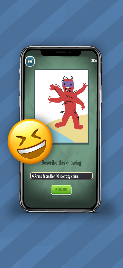 Drawing Phone | Draw & Guess - Captura de pantalla del juego Drawing Phone que muestra un dibujo de un monstruo con múltiples brazos y de color rojo y un campo de texto para adivinar la indicación.