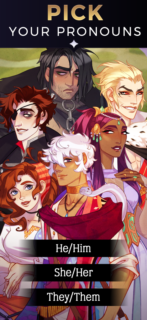 Pronoun selection screen in The Arcana showing He Him She Her and They Them options with diverse game characters.