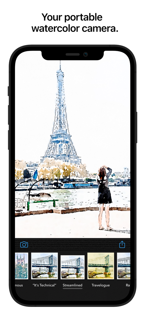 Waterlogue app interface on an iPhone displaying a watercolor painting of the Eiffel Tower