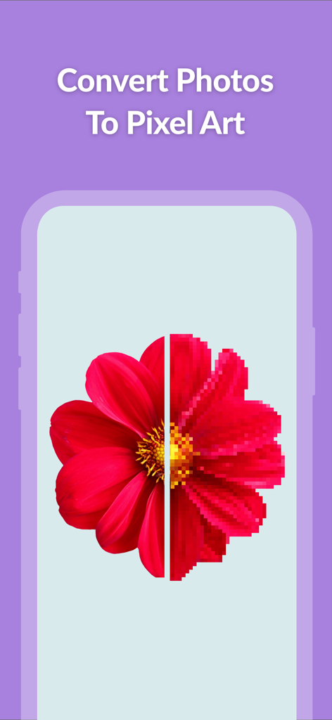 Eine geteilte Ansicht, die eine rote Blume zeigt, die aus einem hochauflösenden Foto in Pixel-Art umgewandelt wurde