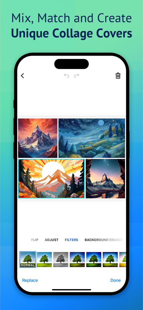 Cover Creator Pro, Cover Maker - Cover Creator Pro app interface showing a landscape collage and filter tools.