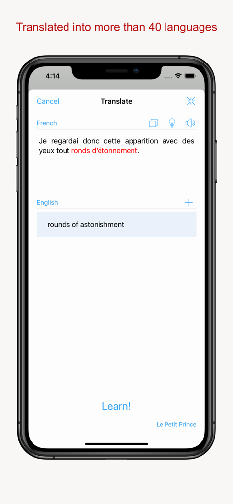 Screenshot dell'app Read and Learn Pro che dimostra la traduzione dal francese all'inglese di un passaggio da Le Petit Prince su un iPhone.