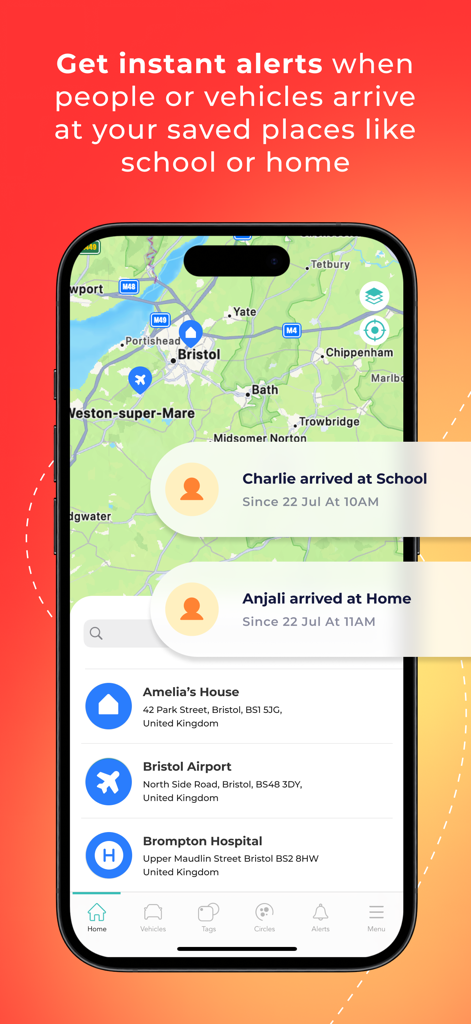 Letstrack - Family App - Letstrack app interface showing real-time arrival notifications for family members on a map.