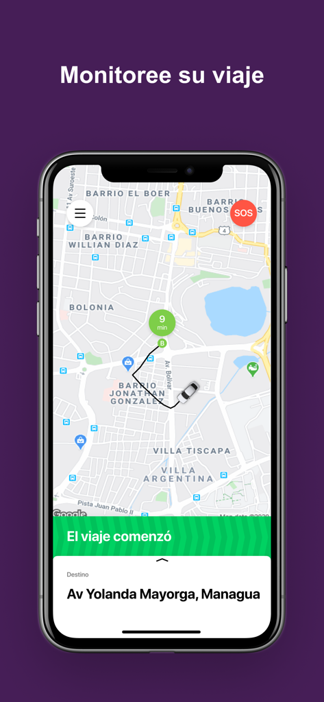 Ray App - Taxi Rápido y Seguro - Echtzeit-Fahrtverfolgsbildschirm der Ray App zeigt eine Karte und Zielinformationen.
