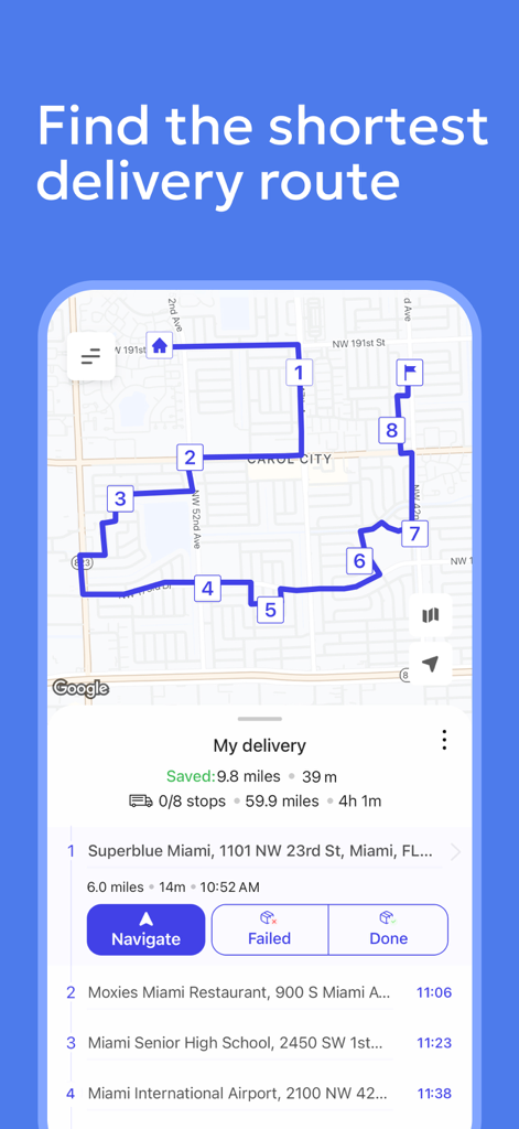 Optiway-App zeigt eine Karte mit einer optimierten Multi-Stop-Lieferroute und Navigationsstopps