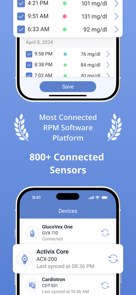 Health Diary by MedM - Interface of Health Diary by MedM showing blood glucose logs and a list of connected medical devices