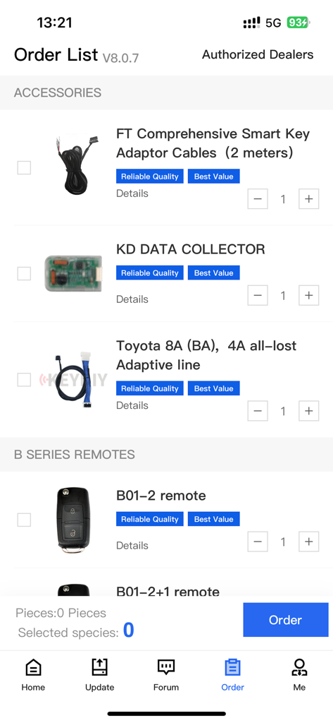 Mobile KD - Página de pedidos de la aplicación Mobile KD que muestra accesorios de cerrajería automotriz y llaves de coche