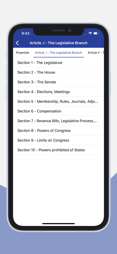 USA constitution App - USA Constitution app screen displaying a list of sections within Article 1 covering the Legislative Branch.
