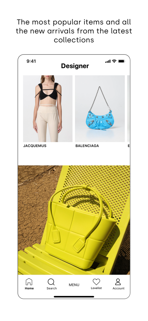 Interface do aplicativo GIGLIO.COM exibindo coleções de bolsas e roupas de luxo de designers