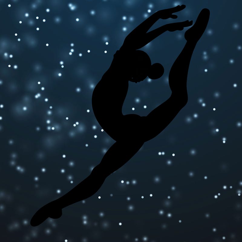 gymnast doing a leap in a leotard with a bent back leg