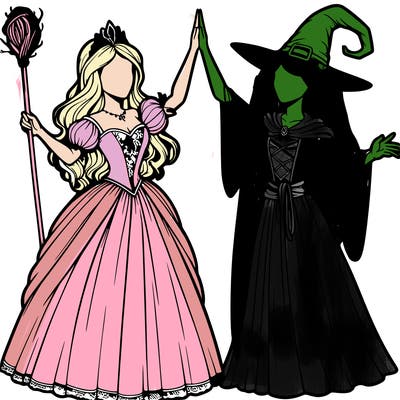 detailed realistic split of a princess and a witch