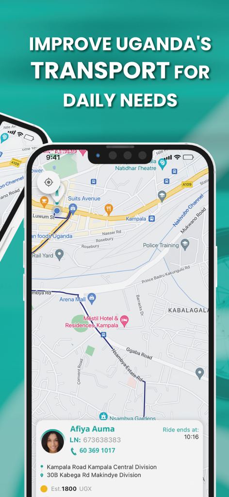 Ride Now - Uganda - Ride Now Uganda app interface displaying a map route and driver profile with estimated fare