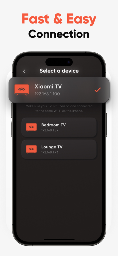 Mi TV Remote・Shield Controller - Wi-Fi経由でXiaomi TVに接続するためのデバイス選択メニューを表示するスマートフォンの画面。