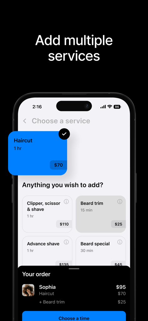 SQUIRE™ - Squire app interface showing selection of grooming services including haircut and beard trim with pricing.