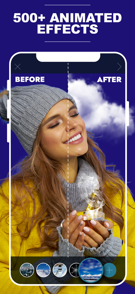 Lumyer:After Effects,Videoleap - Before and after split screen showing a woman portrait with added animated cloud and steam effects in the Lumyer app.