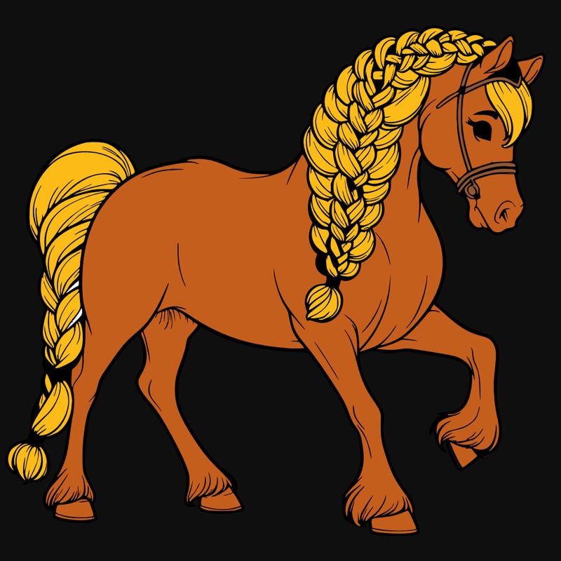 a horse with a braided mane and tail, showcasing intricate braided hairstyles typical of dressage competitions.