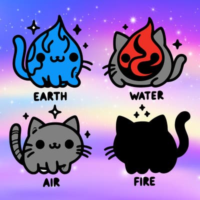 4 cats that represent the different elements, earth, water, air, and fire