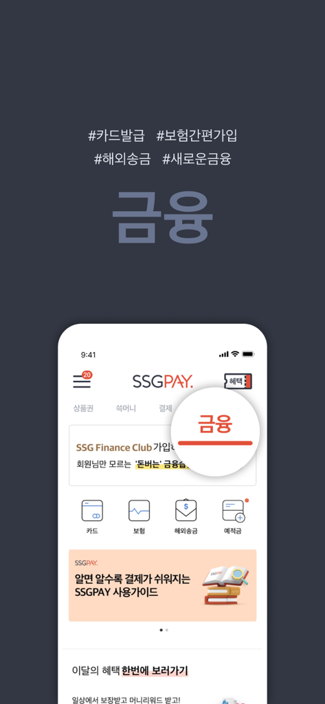 Interface de l'application mobile SSGPAY mettant en évidence les services financiers tels que les cartes et les envois de fonds à l'étranger