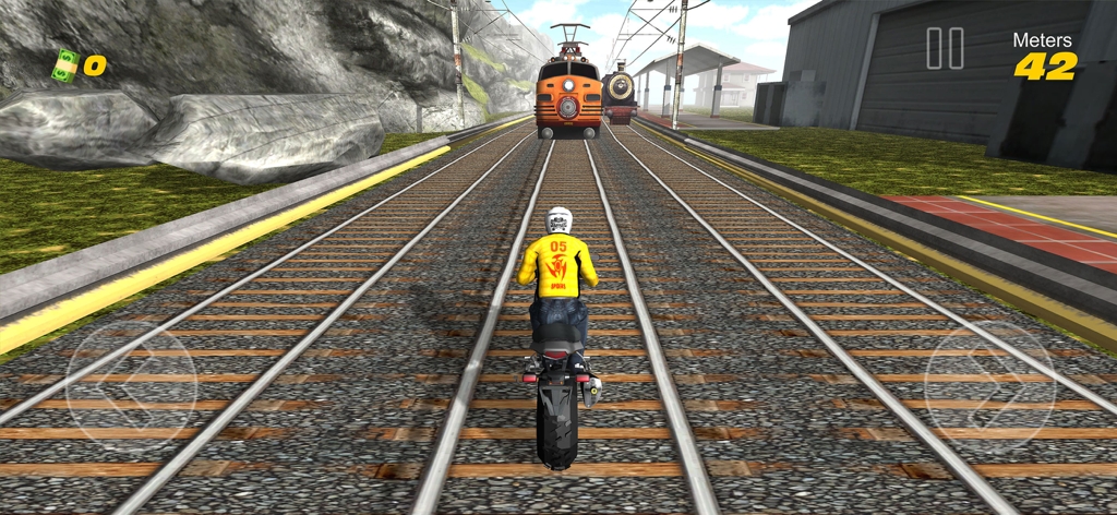 Subway Rider - Train Surfer 3D - Motard sur des voies ferrées esquivant un train qui arrive dans Subway Rider Train Surfer 3D
