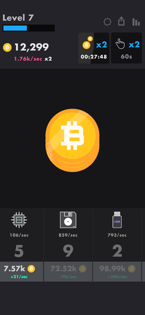 Gameplay screen of the Bitcoin clicker game showing a large gold coin and mining upgrades