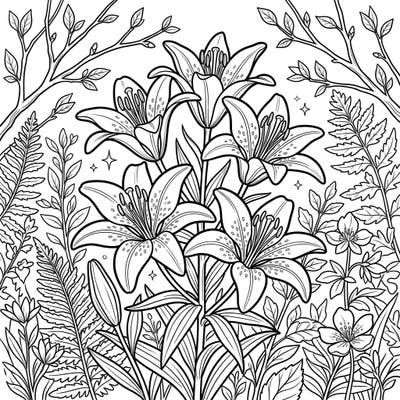 Embrace the freshness of spring with this exquisite wood lilies coloring page. Dive into a beautiful woodland scene adorned with native North American flowers and delicate foliage, perfect for a relaxing coloring escape.
