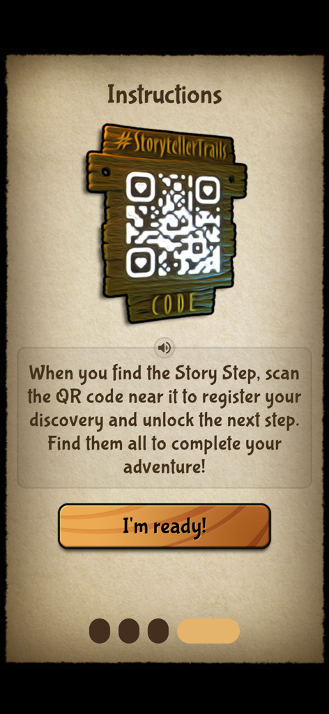 Storyteller Trails - Tela de instruções mostrando um código QR em uma placa de madeira para desbloquear etapas da aventura no aplicativo Storyteller Trails