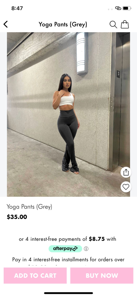 Baddieville - Product page for grey yoga pants on the Baddieville fashion app