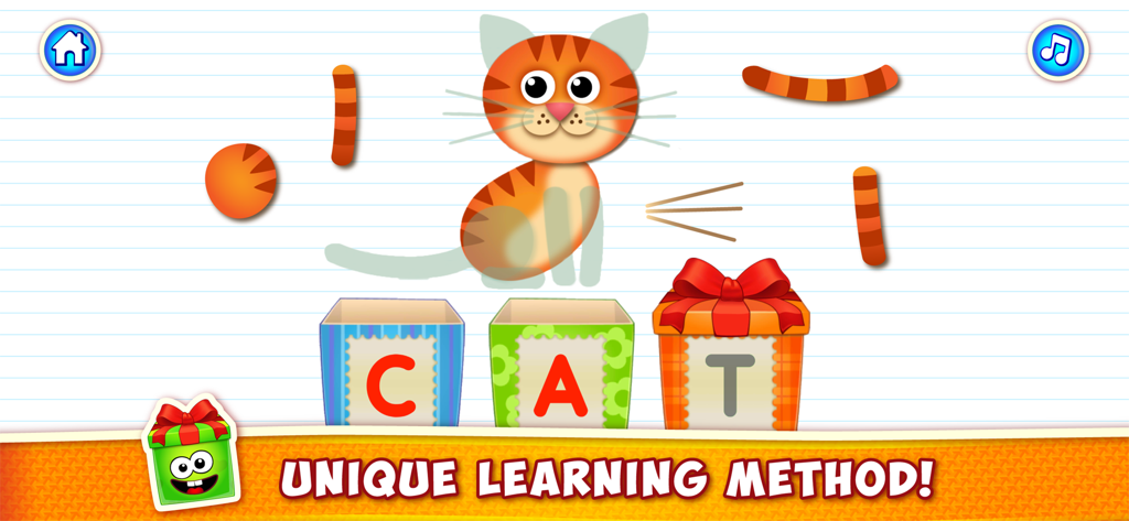 ABC Kids Games: Learn Letters! - Pantalla de aplicación para niños pequeños con un rompecabezas de gato y cajas que forman la palabra GATO