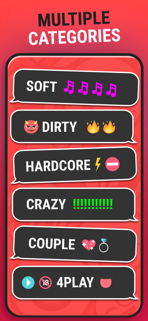 Truth or Dare app interface showing different game category levels including Dirty Hardcore and Couple