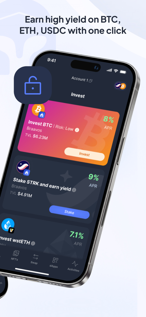 Braavos wallet investment interface showing high yield crypto staking options for BTC and STRK