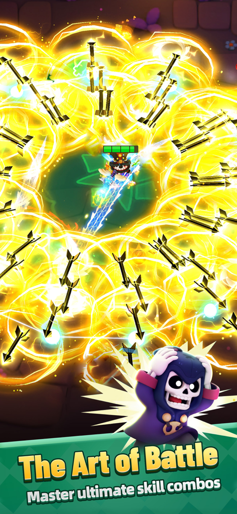 Jugabilidad de Archero 2 que muestra un personaje héroe desatando poderosos combos de habilidades en una batalla de balas infernales